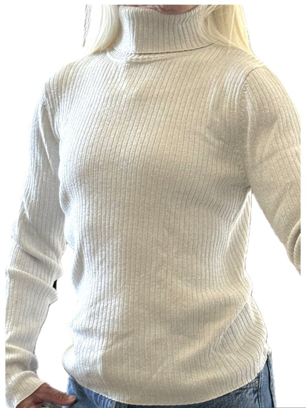Silk Blend Turtleneck Ivory Silver Metallic Revue Sz L